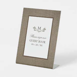 Country Rustic Monogram Branch & Burlap Wedding Pedestal Sign
