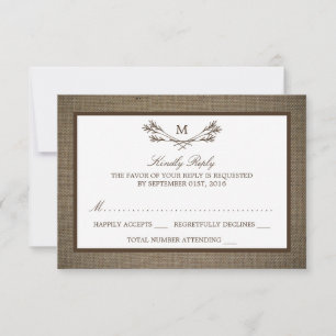 Country Rustic Monogram Branch & Burlap Wedding RSVP Card