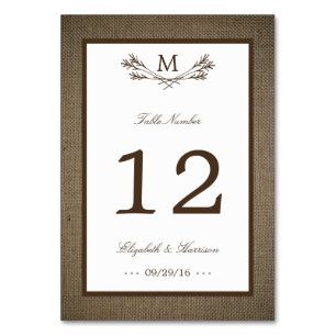 Country Rustic Monogram Branch & Burlap Wedding Table Number