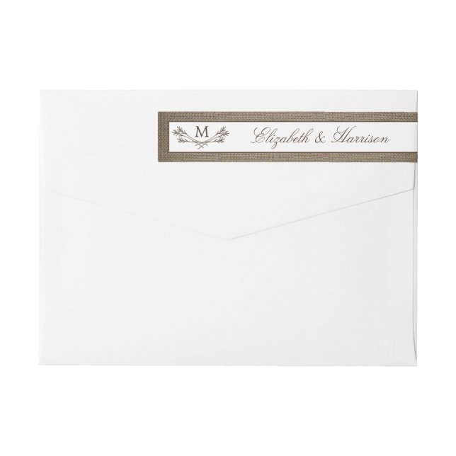 Country Rustic Monogram Branch & Burlap Wedding Wrap Around Label (Back)