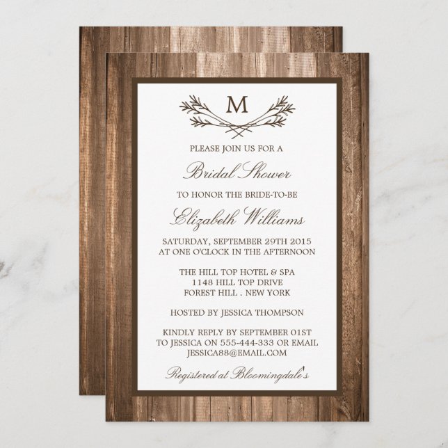 Country Rustic Monogram Branch Wood Bridal Shower Invitation (Front/Back)