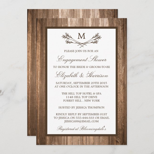 Country Rustic Monogram Branch Wood Engagement Invitation (Front/Back)