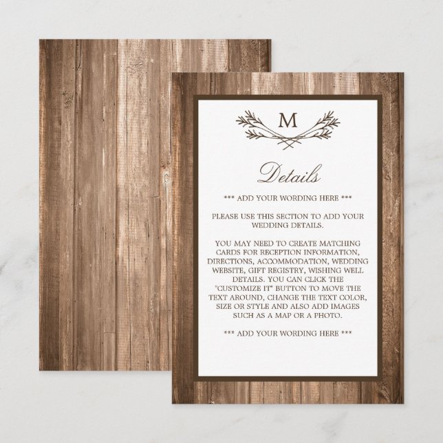 Country Rustic Monogram Branch & Wood Wedding Enclosure Card (Front/Back)