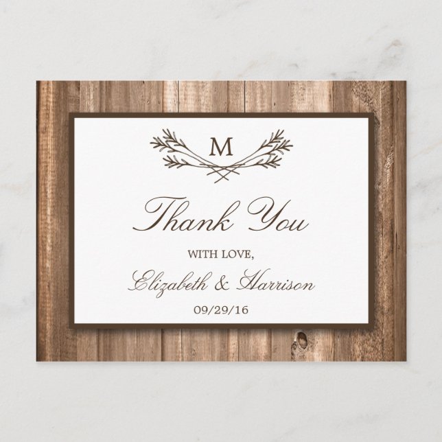 Country Rustic Monogram Branch & Wood Wedding Postcard (Front)