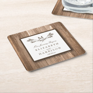 Country Rustic Monogram Branch & Wood Wedding Square Paper Coaster
