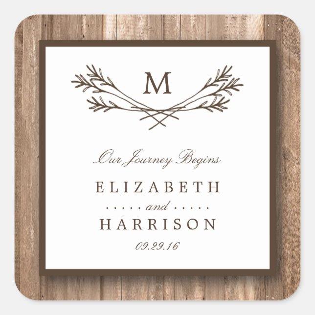 Country Rustic Monogram Branch & Wood Wedding Square Sticker (Front)