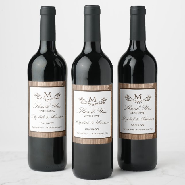Country Rustic Monogram Branch & Wood Wedding Wine Label (Bottles)