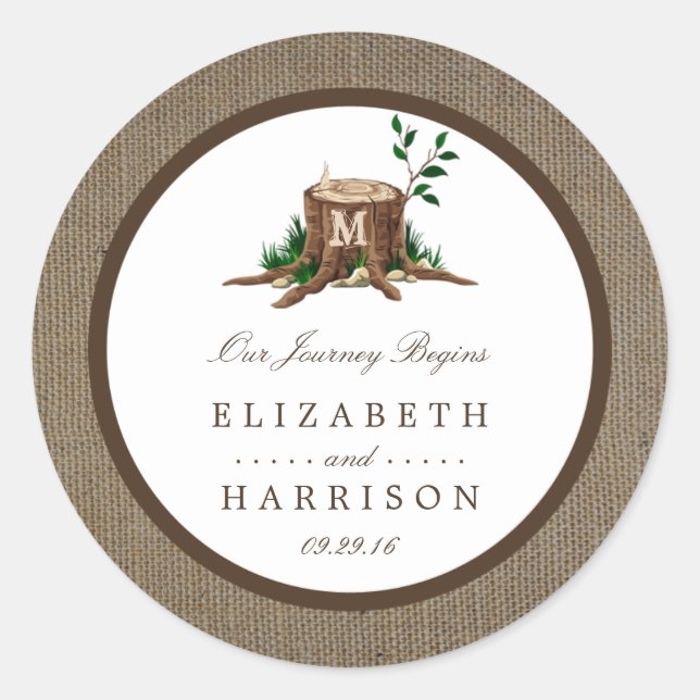 Country Rustic Monogram Tree & Burlap Wedding Classic Round Sticker (Front)