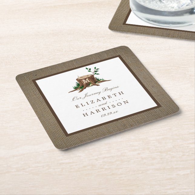Country Rustic Monogram Tree & Burlap Wedding Square Paper Coaster (Angled)