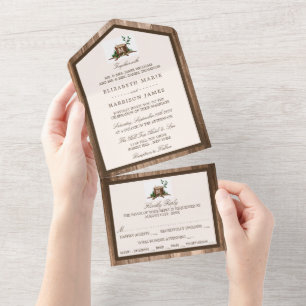 Country Rustic Monogram Tree & Wood Wedding All In One Invitation