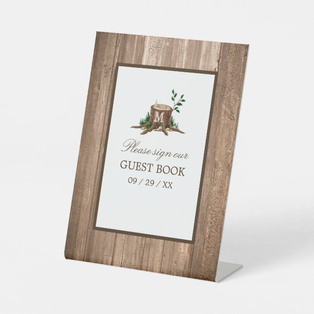 Country Rustic Monogram Tree & Wood Wedding Pedestal Sign (Front)