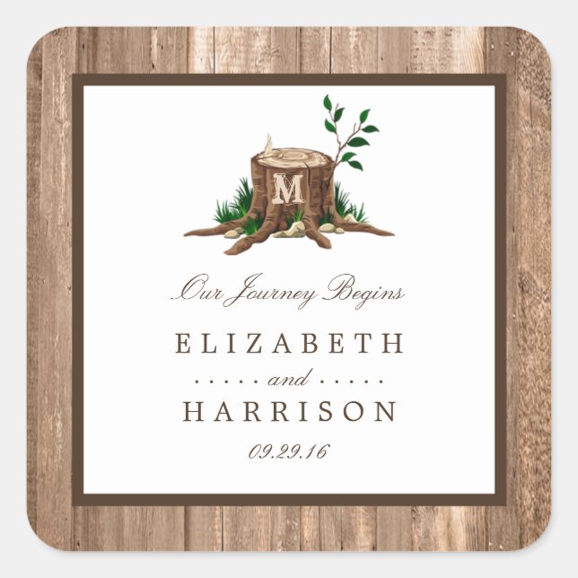 Country Rustic Monogram Tree & Wood Wedding Square Sticker (Front)