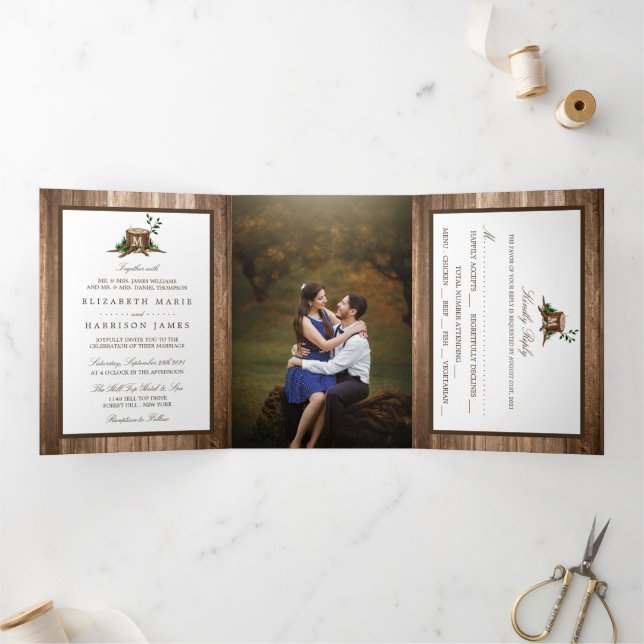 Country Rustic Monogram Tree & Wood Wedding Suite Tri-Fold Invitation (Inside)