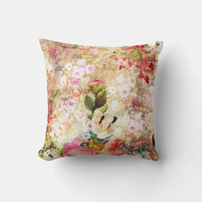 Country rustic pink floral collage typography cushion (Front)