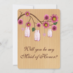 Country Rustic Pink Mason Jars Maid Of Honour Card
