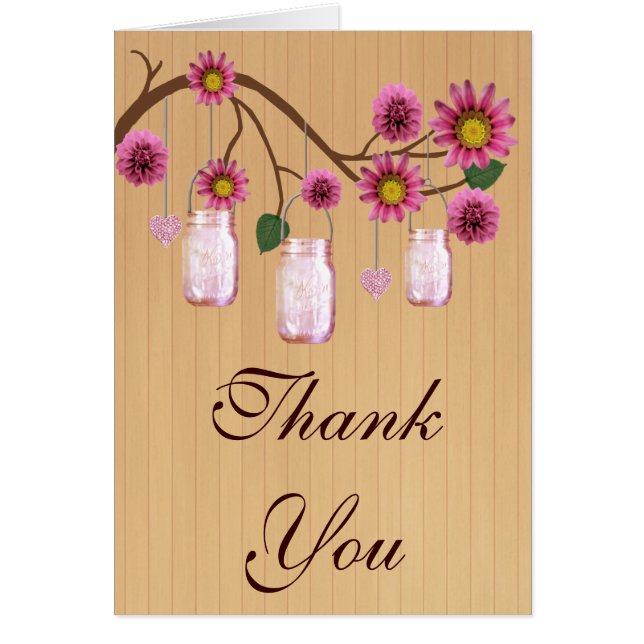 Country Rustic Pink Mason Jars Thank You Card (Front)