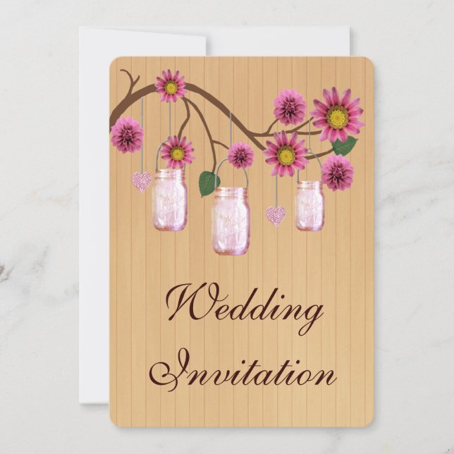 Country Rustic Pink Mason Jars Wedding Invitation (Front)