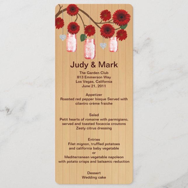 Country Rustic Red Mason Jars Wedding Menu Card (Front)