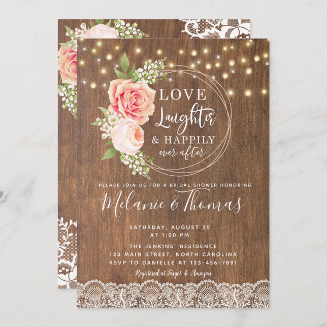 Country Rustic Rose Lace Bridal Shower Invitation (Front/Back)