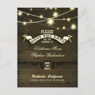 country rustic save the date with twinkle lights announcement postcard