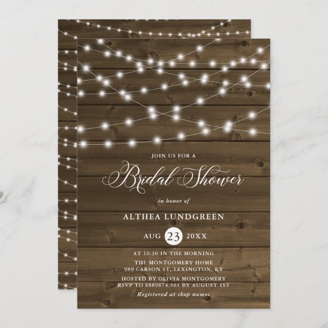 Country Rustic String Lights Wood Bridal Shower Invitation (Front/Back)