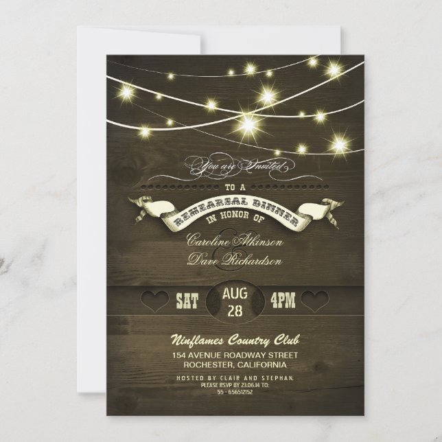 country rustic string lights wood rehearsal dinner invitation (Front)