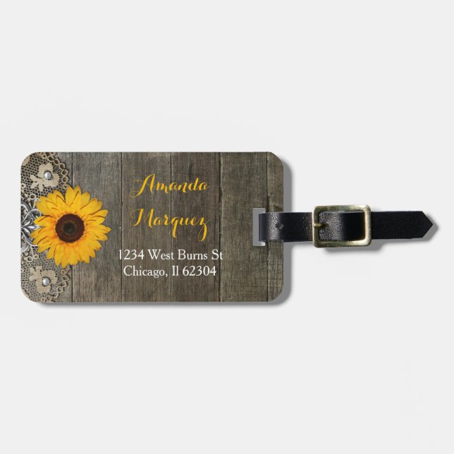 Country Rustic Sunflower and Lace Luggage Tag (Front Horizontal)