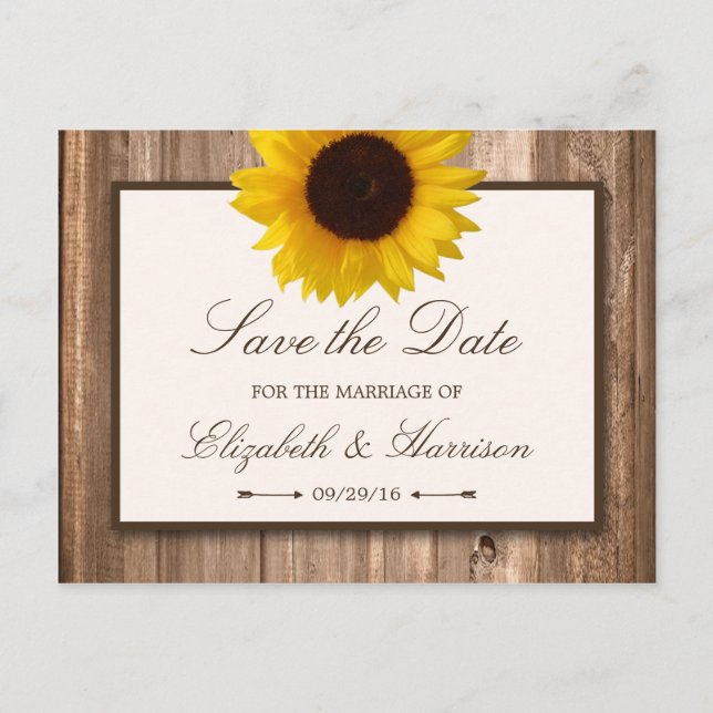 Country Rustic Sunflower, Brown Wood Save The Date Announcement Postcard (Front)