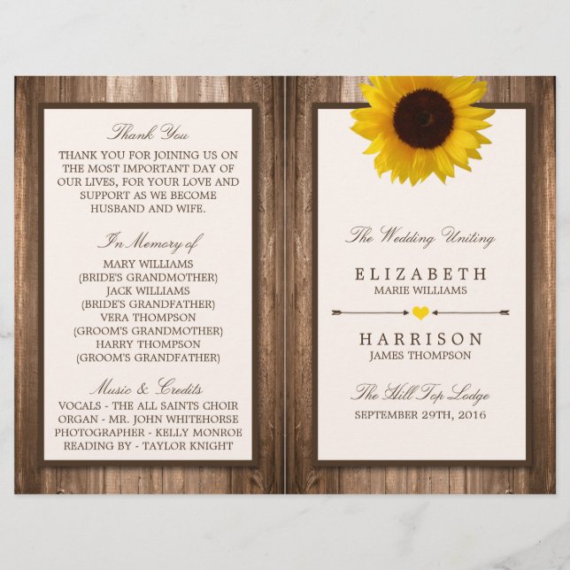 Country Rustic Sunflower & Brown Wood Wedding (Front)