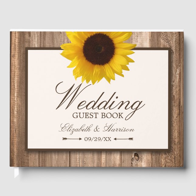Country Rustic Sunflower & Brown Wood Wedding Guest Book (Front)