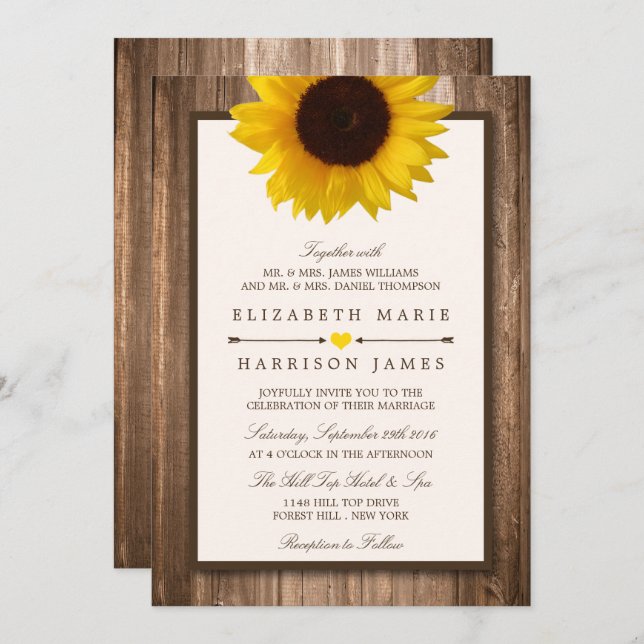 Country Rustic Sunflower & Brown Wood Wedding Invitation (Front/Back)