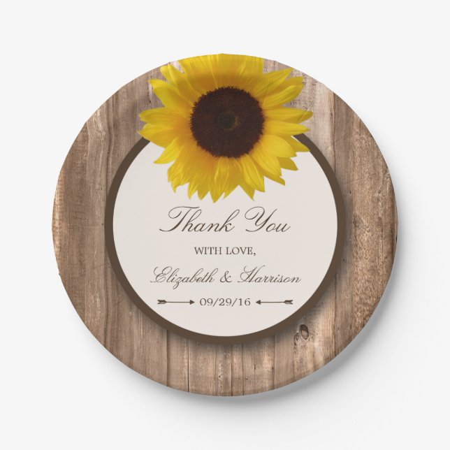 Country Rustic Sunflower & Brown Wood Wedding Paper Plate (Front)