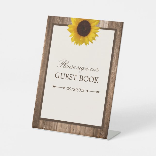 Country Rustic Sunflower & Brown Wood Wedding Pedestal Sign (Front)