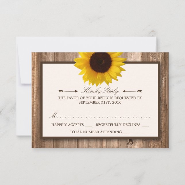 Country Rustic Sunflower & Brown Wood Wedding RSVP Card (Front)