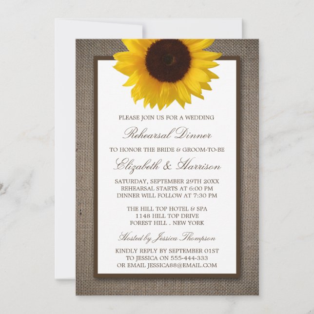 Country Rustic Sunflower Burlap Rehearsal Dinner Invitation (Front)