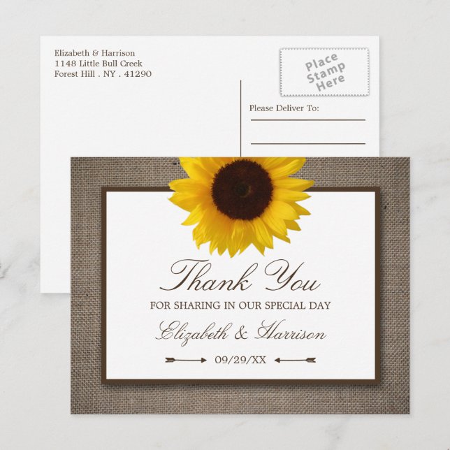 Country Rustic Sunflower & Burlap Thank You Postcard (Front/Back)