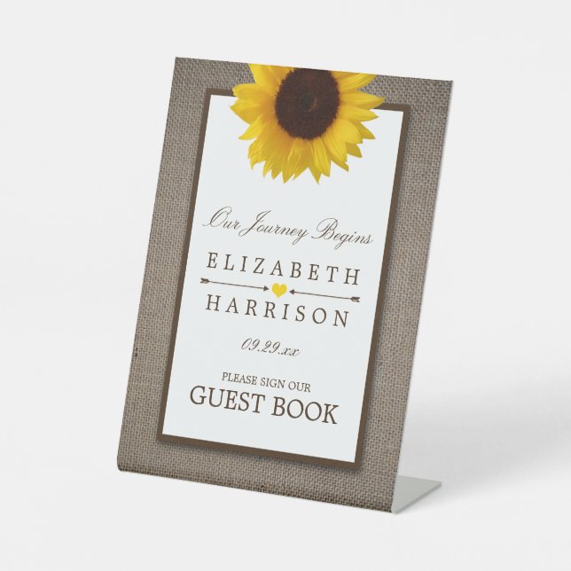 Country Rustic Sunflower & Burlap Wedding Pedestal Sign (Front)