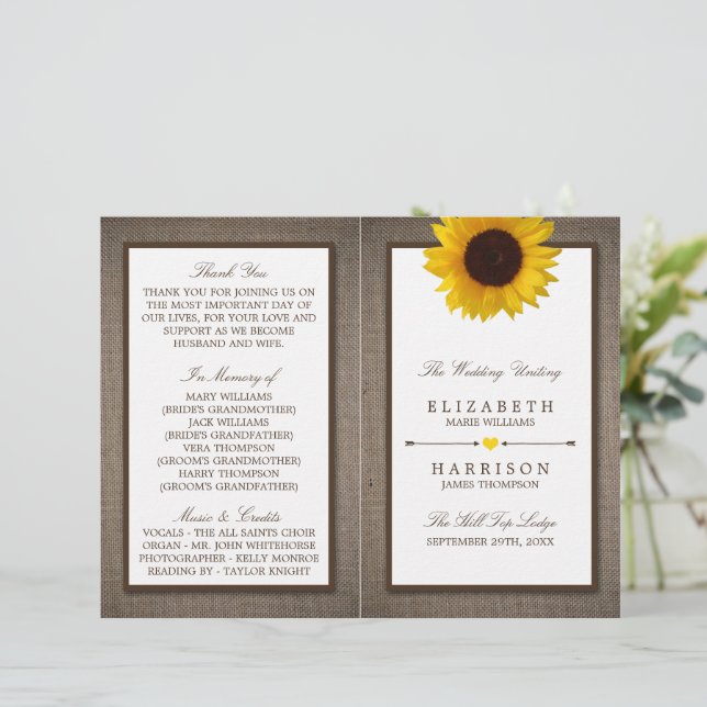Country Rustic Sunflower & Burlap Wedding Program (Standing Front)