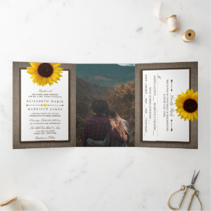 Country Rustic Sunflower & Burlap Wedding Suite Tri-Fold Invitation