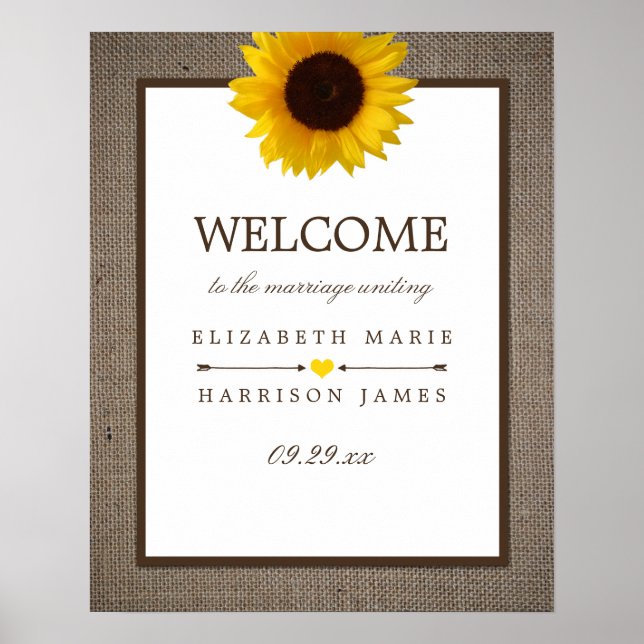 Country Rustic Sunflower & Burlap Wedding Welcome Poster (Front)