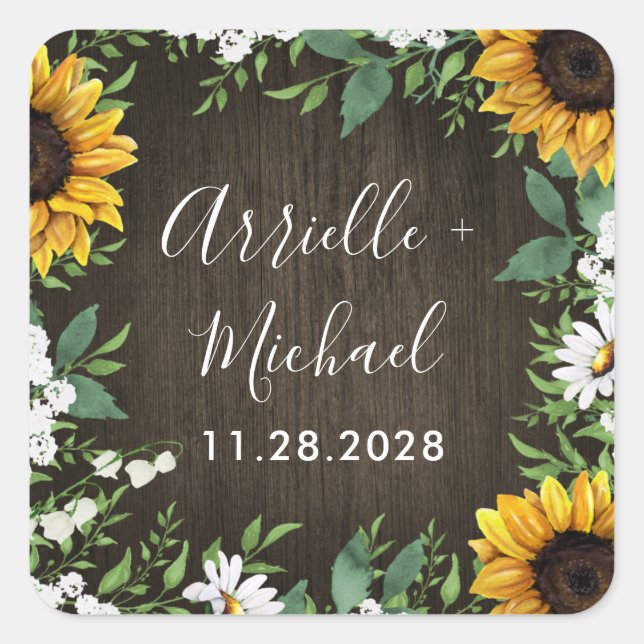 Country Rustic Sunflower Daisy Wedding Favour Square Sticker (Front)