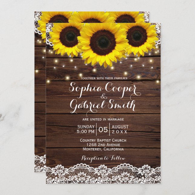 Country Rustic Sunflower Lace | Wood Wedding Invitation (Front/Back)