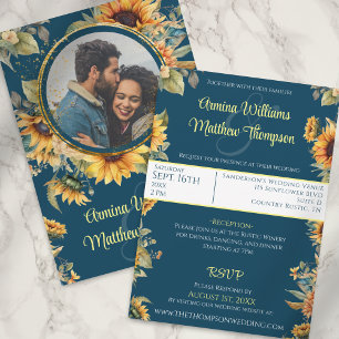 Country Rustic Sunflower Navy Blue Photo Invitation