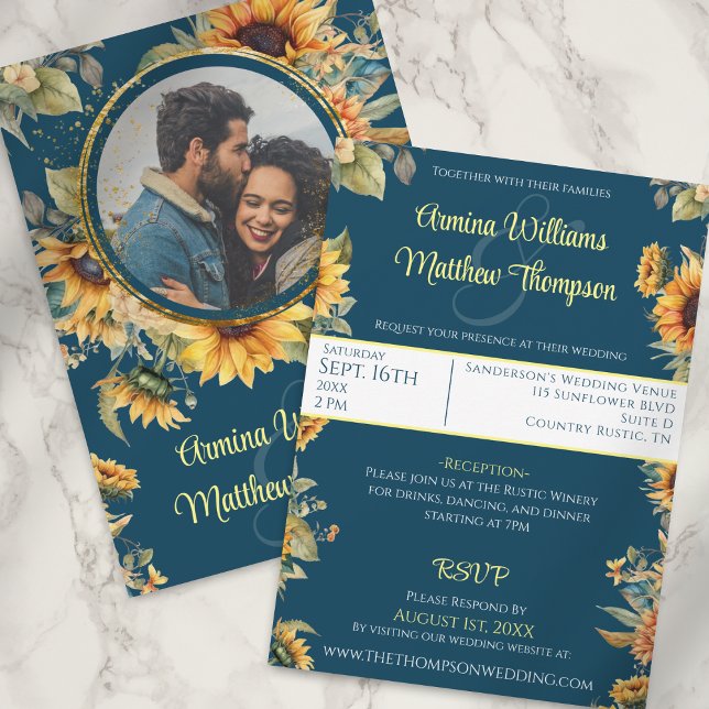 Country Rustic Sunflower Navy Blue Photo Invitation (Creator Uploaded)