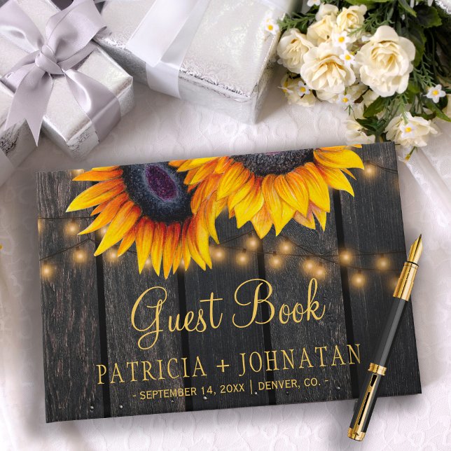 Country rustic sunflowers brown barn wood wedding guest book (Creator Uploaded)
