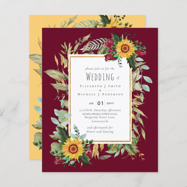 Country Rustic Sunflowers Burgundy Roses Wedding (Front/Back)