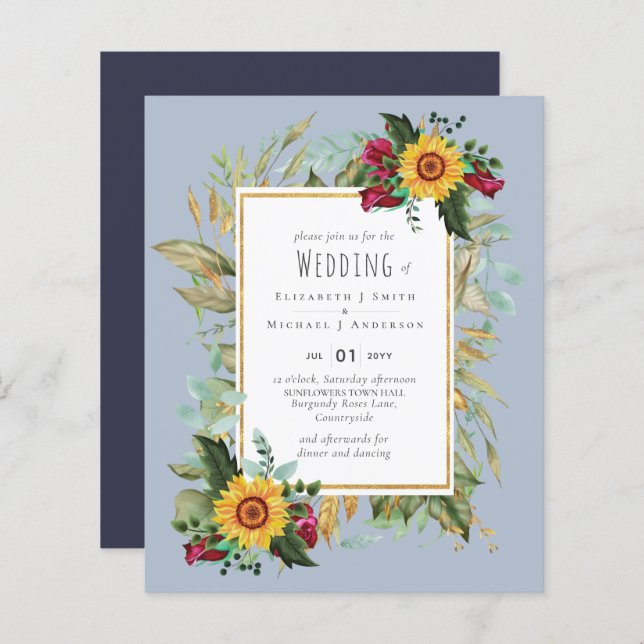 Country Rustic Sunflowers Burgundy Roses Wedding (Front/Back)