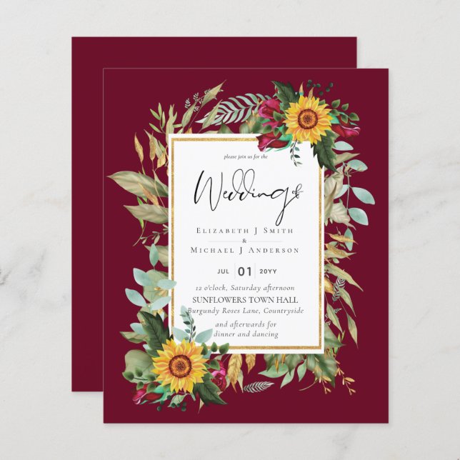 Country Rustic Sunflowers Burgundy Roses Wedding (Front/Back)
