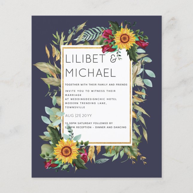 Country Rustic Sunflowers Burgundy Roses Wedding Flyer (Front)