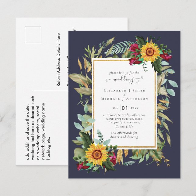 Country Rustic Sunflowers Burgundy Roses Wedding P Postcard (Front/Back)